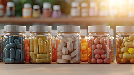 Capture a vibrant, nostalgic still life of various health supplements and vitamins in hyper-realistic detail, Viewed from an upside-down, eye-level perspective under intense noon sunlight, Emphasize vivid colors and intricate textures.の素材