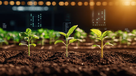 Create a radiant smart farming scene with IoT devices and data visualization, Show crop growth data in an abstract flat lay shot, capturing delightful light rays from a first-person view, Emphasize a futuristic and inspiring atmosphere.の素材