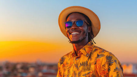 A beaming individual in luminous style, glowing with warmth and happiness, captured in a split perspective under the vibrant high noon sun, Focus on the genuine, infectious smile and vivid colors to inspire.の素材