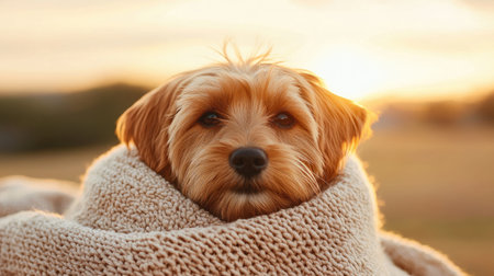 Cherubic puppy nestled in a cozy blanket, exuding warmth and love, viewed from a radiant sunlit POV with golden beams and a distant horizon.の素材
