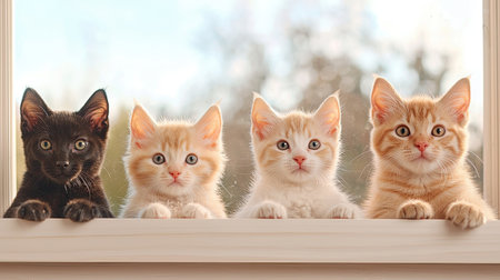 Create a radiant flat lay scene through a window, featuring adorable animals like kittens and puppies amidst elements symbolizing business and finance, Embrace pure brightness and blissful light to capture the charm of these cuddly creatures in a whimsical setting.の素材