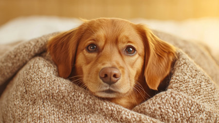Charming puppy under cozy blanket, emanating warmth and affection, viewed from above in radiant light with tunnel vision effect, evoking prosperity and confidence.の素材