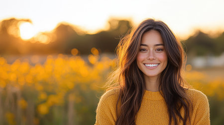 Create a radiant portrait of joy with bright yellow hues, capturing genuine warmth and happiness in the soft morning light.の素材