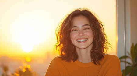 A person beaming with happiness in a natural portrait, captured in dynamic emotion and genuine smile, Illuminated in bright yellow light from a window, with an aerial view for added depth.の素材