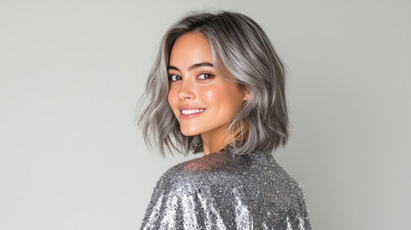 A joyful person in bright silver, glowing with warmth and positivity, viewed over the shoulder in a dynamic portrait, Show the vibrant emotions through their expression.の素材