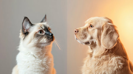 Create a charming scene with adorable pets like cats, dogs, and bunnies in radiant and monochrome tones under vivid studio lights, Focus on their endearing connection in a macro perspective.の素材