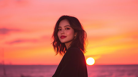 Capture the rebellious joy of a person in vibrant light at dawn through an over-the-shoulder shot in macro focus for a photo.の素材