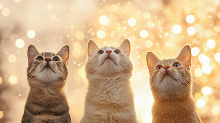 Cherubic animals - cats, dogs, bunnies - exuding charm in a radiant, cheerful glow, seen from a medium shot to convey connection and brilliance, Third-person view for electric inspiration.の素材