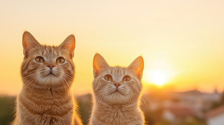 Capture the charm of endearing animals in a low-angle shot under a vibrant sunset orange sky, Illuminate them with clear daylight for bold clarity and a top-down view, highlighting their precious nature.の素材