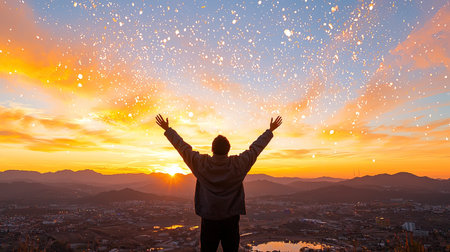 Capture a radiant, joyful person in a full-body portrait, exuding positive emotions through authentic , Emphasize connection in gleeful light and sparkling details, set against a panoramic view, Ideal for photos.の素材