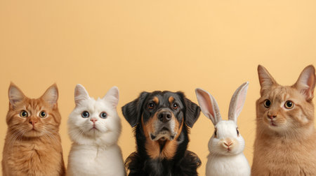 cats, dogs, and bunnies with romantic gold tones, Top-down view, precious critters adding charm to the scene.の素材