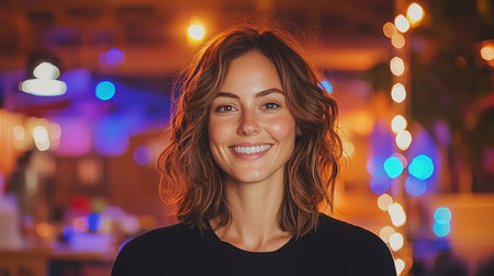 Capture a radiant, joyful portrait in a bold clarity world, with vivid electric blue accents, The subjects natural smile exudes warmth and happiness, illuminated by bright soft diffused light from a hidden observer, Let hope and joy shine through this scene.の素材