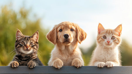 Charming puppies and kittens basking in radiant midday sun, showcasing their adorable essence in a whimsical full-body portrait for a photo.の素材