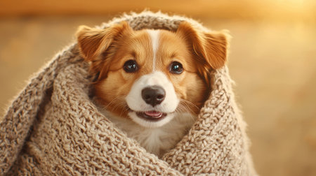 Charming puppy under cozy blanket, emanating warmth and affection, viewed from above in radiant light with tunnel vision effect, evoking prosperity and confidence.の素材