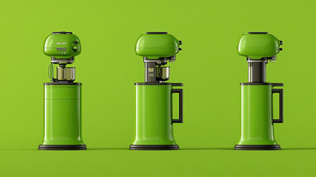 Create a vibrant art prompt featuring a futuristic kitchen gadget in a cheery, cartoon style, The full-body portrait should be in bright luminous green with intense spotlight lighting and a dynamic side profile.の素材