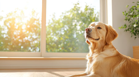 Charming pets in a cozy room, bathed in radiant midday light streaming through a window, evoke a sense of joy and renewal, Capture the adorable animals at eye level, creating a scene filled with warmth and happiness.の素材