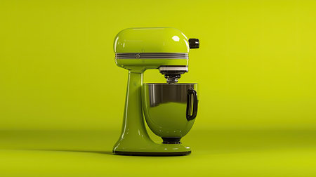 Create a vibrant art prompt featuring a futuristic kitchen gadget in a cheery, cartoon style, The full-body portrait should be in bright luminous green with intense spotlight lighting and a dynamic side profile.の素材