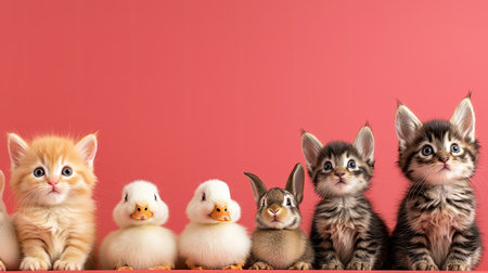 Create a vibrant studio scene featuring adorable baby animals like kittens, puppies, bunnies, and ducklings, radiating warmth and joy, Use bright dazzling red hues, spirited vibes, vivid lighting, and a fish-eye lens for an enchanting portrayal.の素材