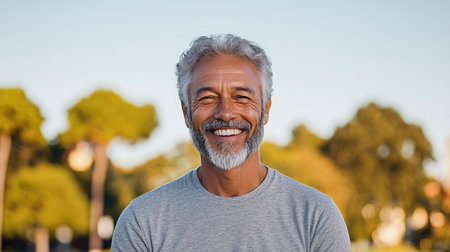 Create a radiant portrait in bright monochrome of a joyful person with an authentic smile, exuding warmth and friendship, Use a wide-angle split perspective with midday sun lighting, emphasizing happiness and contentment.の素材