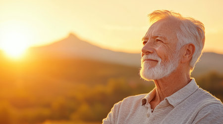 Extreme close-up of senior faces basking in triumphant morning light, radiating joy and wisdom.の素材