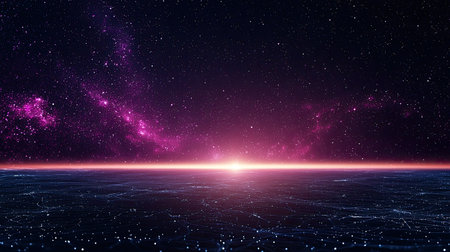 Bold magenta accents, sunlit horizon tilt, Explore connectivity in a digital age.の素材
