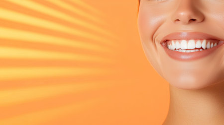 Vividly capture the genuine joy and contentment of a happy persons natural smile in a radiant, geometric style under shimmering rays, Extreme close-up, emphasizing positive emotions.の素材