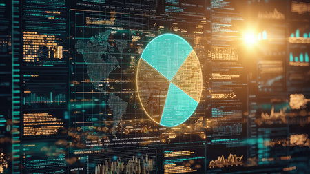 Create a radiant pie chart showcasing diverse marketing strategies in a sunny world, highlighted by turquoise hues and top-down lighting, Ideal for infographics, reports, and presentations.の素材