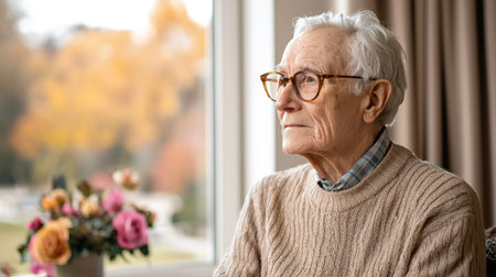 A heartwarming portrait session featuring elderly individuals sharing their life experiences, bathed in radiant warm tones and pink hues from side lighting through a window.の素材