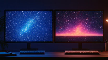 Create a serene work-from-home scene with natural lighting and lifelike skin tones, then transform it into a fantastical world with neon hues, epic atmosphere, striking rim light, and tunnel vision perspective, Embrace the contrast between the ordinary and the extraordinary.の素材