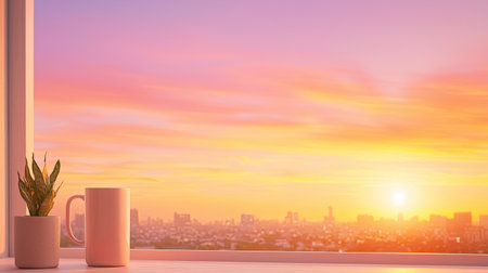 Explore the fusion of work and personal life in a bright, airy pastel scene with vivid coral hues and cheerful vibes, Emphasize a radiant glow and a view through a window, capturing the essence of remote work and connectivity.の素材
