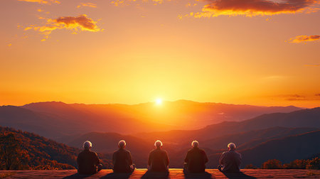 Capture the essence of wisdom and joy in aging through an image of elderly individuals basking in golden years, portrayed in a high-angle view with radiant nostalgic lighting and a spotlight from the horizon, evoking a sense of utopia and inspiration.の素材