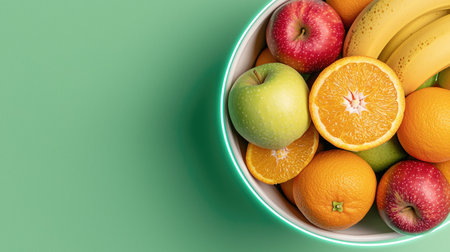 a top-down view of a lively fruit arrangement in a white vessel, showcasing ripe apples, oranges, and bananas in vibrant colors, Illuminated by neon lights, the scene is flipped upside-down, set against a bright mint green background, radiating a sense of harvest and well-being.の素材