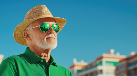 Elderly residents thriving in a lively senior munity, set in a radiant world with luminous green tones and mirror-reflected high noon light.の素材