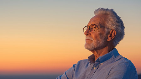 elderly individuals in a golden age, basking in peach hues and nostalgic vibes under vivid studio lights, with a distant horizon, Celebrate wisdom and experiences.の素材