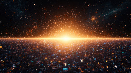 Create a vibrant fantasy scene with a top-down view, featuring a wide-angle perspective under a bright, sunlit sparkle, Show blissful beings immersed in a world of colorful technology and devices, symbolizing the rise of remote work and telemuting.の素材