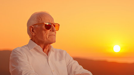 elderly individuals in a golden age, basking in peach hues and nostalgic vibes under vivid studio lights, with a distant horizon, Celebrate wisdom and experiences.の素材
