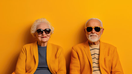 Candid cyberpunk snapshots of joyful elderly in a golden age, bathed in vibrant yellow hues and split lighting.の素材