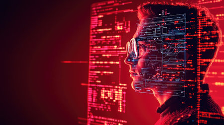 A vibrant full-body portrait in bright crimson, illuminated by studio lights, showcasing the power of technology and connectivity in a world of remote work, Use forced perspective to emphasize the fusion of humanity and digital tools.の素材