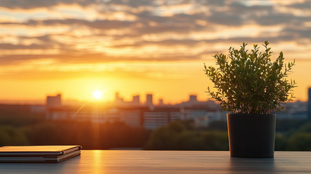 Capture the fusion of work and personal life through a flat lay shot, Show the sustainability theme in radiant, lively light at dawn, Include a hidden observer for a touch of mystery.の素材