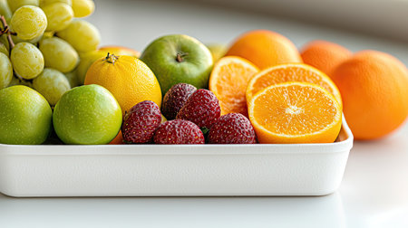 A bountiful harvest of organic fruits in a white container on a white background, radiating health and nutrition, Low-angle shot with bright side lighting, showcasing warm colors through-the-object.の素材