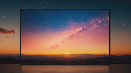Create an art piece featuring a colorful, flat lay shot of natures blooming beauty, illuminated by radiant light and pure brightness from the distant horizon.の素材
