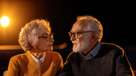 Elderly individuals sharing stories, close-up portrait bathed in radiant light and intense spotlight, capturing prosperity and depth-focus, Inspiring and heartwarming.の素材