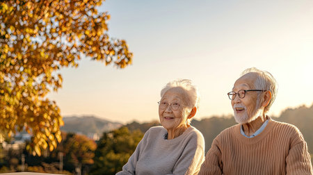 A heartwarming portrait of aged individuals sharing stories in radiant light, Eye-level shot with harmony, peaceful ambiance, and clear daylight.の素材