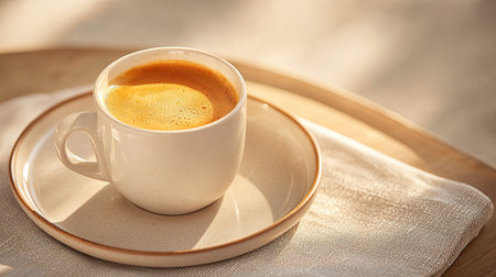 a coffee cup on a plate, glowing in radiant ivory hues from a mirror reflection, Capture the warmth and renewal of a morning meal.の素材