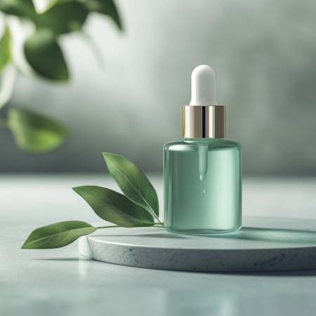 Are you looking for a serum that not only nourishes your skin but also adds to your home decor Look no further than this natural serum bottle with green leaves. Its layered composition and soft glow make it a perfect addition to any bathroom counter or bedroom nightstand. The high resolution image captures every detail, from the green color of the bottle and leaves to the polished surface of the bottle.の素材