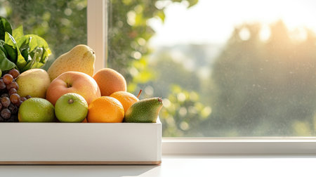 Capture a bountiful display of ripe organic fruits in a white container against a white backdrop, bathed in radiant daylight, Use a pastel color palette and bronze accents, focusing on their freshness and nutrition, Frame the scene through a window at eye level for a serene and inviting position.の素材
