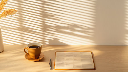 a sleek, minimalist home exuding sophistication, Capture a flat lay of business  finance items in radiant light, with a hidden observer peering through window light, Emphasize elegance and modernity.の素材