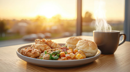 A plate of food and steaming coffee on a kitchen table at dawn, with vivid pure white highlights and an upside-down bright morning sky.の素材