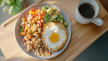 An upside-down view of a playful breakfast spread in a bright kitchen at dawn, Focus on a plate of food and a cup of coffee, ready to enjoy.の素材
