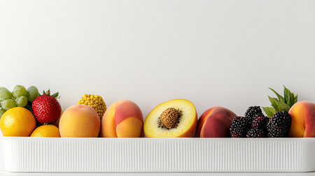 Freshly harvested organic fruits in a white container on a bright white background, radiating ripe and nutritious essence, Capture an eye-level shot with soft morning peach lighting, illuminating their vibrant colors and textures.の素材